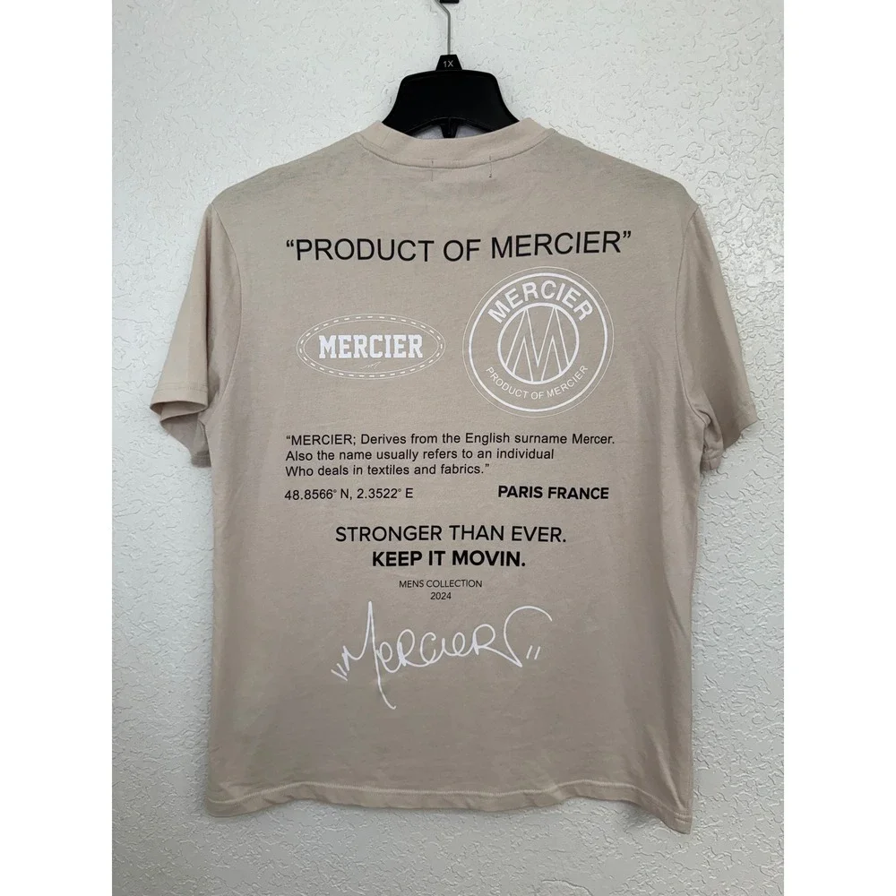 MERCIER Mens Beige Graphic Print Crewneck T Shirt Casual Streetwear Size M‎ - Picture 2 of 5